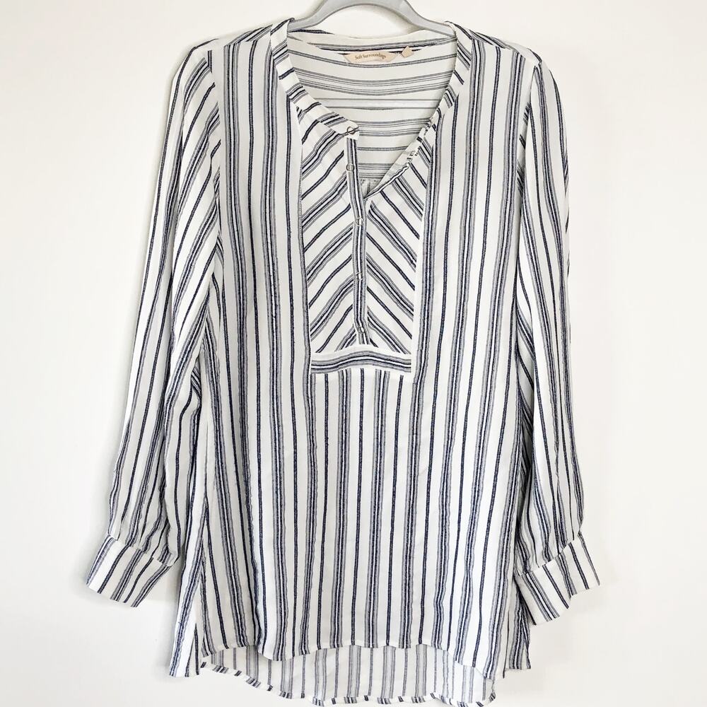 Soft Surroundings Size Medium Tunic Navy Stripe Long Sleeve Pop Over